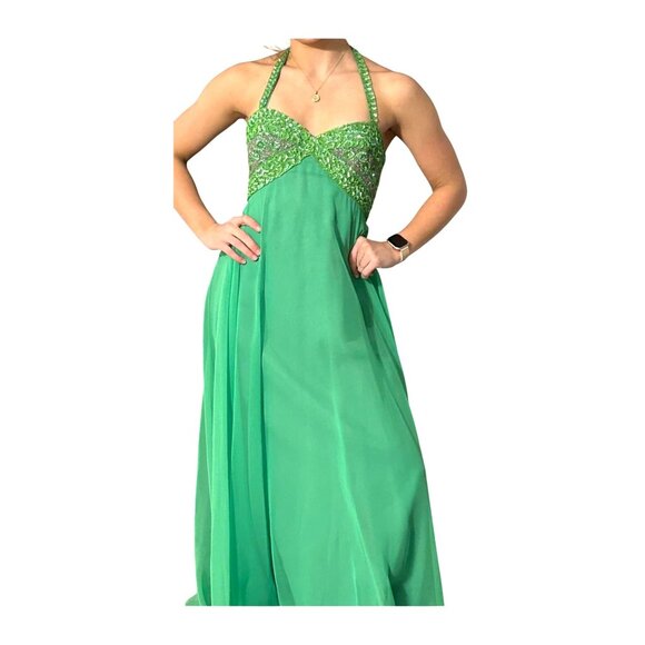 Vintage 1970's Mike Benet Formals Green Halter Beaded Evening Gown Size 7 - Picture 1 of 12